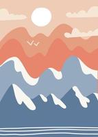 abstract hand getekend landschap met bergen, rivier of meer, zon in posterontwerp. trendy kleurrijke natuurlijke achtergrond voor skigebieden. muur kunst. platte vectorillustratie. vector