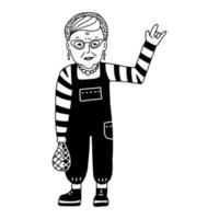 punk senior vrouw karakter in trendy kleding met heavy metal hoorns hand, rock roll gebaar. coole oude dame. vector doodle zwart op wit afbeelding