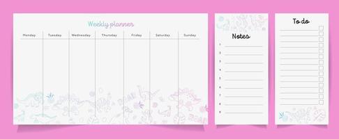 hand tekenen vector weekplanner. hand schilderij sjablonen. set planners en takenlijsten met schattige dino-overzichtsverloopillustraties voor agenda, planners, checklists en ander briefpapier.