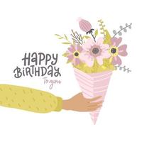 mannelijke hand met boeket bloemen. gelukkige verjaardag-wenskaart met belettering tekst. platte vectorillustratie. vector