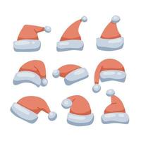 santa rode hoeden set. kerst grappige caps collectie. santa kleding warme muts. geïsoleerde platte vectorillustratie. hoed pluizig accessoire vector