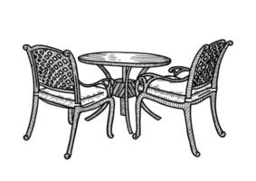 straat tuinmeubilair in het zomercafé. kleine ronde tafel met twee rieten fauteuils. vector schets hand getekende illustratie.