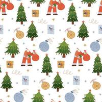 naadloze patroon met schattige kerstman karakter met kerstcadeaus en bomen geïsoleerd op een witte achtergrond. platte hand getekende vectorillustratie
