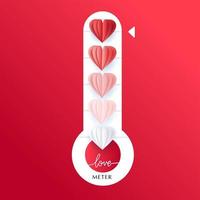 verticale liefde thermometer Valentijnsdag kaart element vectorillustratie met belettering. papier gesneden hart ballonnen verloop