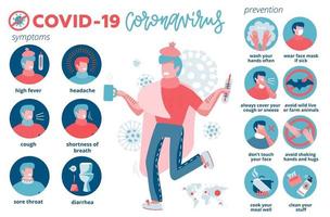 2019-ncov covid preventie, symptomen en verspreiding. corona-alarm. tips voor virusbescherming. set van geïsoleerde vectorillustratie in vlakke stijl. trendy infographic concept met zieke man karakter vector