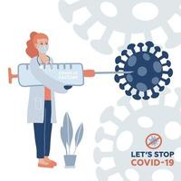 arts die grote spuit met vaccin tegen coronavirus draagt. laten we stoppen met covid-19 tekst. een schot in een enorm virus. verdedigen tegen corona. platte vectorillustratie vector