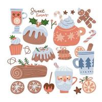 kerst eten en drinken grote schattige set. peperkoekman, snoep, koekjes, cupcake, pudding en andere zoetigheden met gezellige vakantiemokken, kopjes. kleurrijke stickers voor nieuwjaarsmenu. platte vectorillustratie. vector