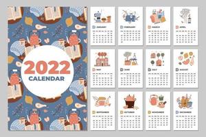 muur kalendersjabloon. 2022 jaarplanner met alle maanden. gezellige organisator en planning. schattig huis interieur elementen achtergrond. platte vectorillustratie in trendy stijl. 7x11 inch vector