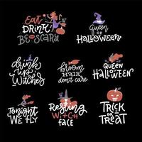 happy halloween overlays, belettering etiketten ontwerpset. trendy vakantiebadges. hand getekend geïsoleerd embleem met citaat en illustraties. heks partij teken of logo. ontwerp voor halloween-foto-overlays vector