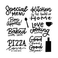 belettering eten, drinken fotografie overlay typografie set. kalligrafie lineaire stijl offerte. winkel promotie motivatie. grafisch ontwerp levensstijl belettering. café restaurant inspiratie vector. vector