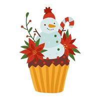 kerst cupcake gedecoreerd met schattige sneeuwpop, poinsettia en zuurstok. ontwerp voor vakantie wenskaart, poster, spandoek, briefkaart, print. vector platte hand getekende illustratie.