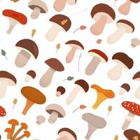 naadloze patroon met verschillende soorten bospaddestoelen, platte cartoon vectorillustratie op witte achtergrond. decoratieve herhaalbare textuur met champignons. vector