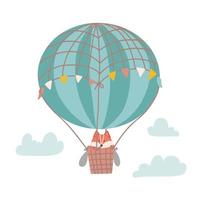 schattige cartoon vos op een hete luchtballon in de lucht. kinderillustratie in de kinderkamer. vector platte hand getekende illustratie