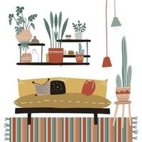 lagom-meubels in een gezellig interieur met veel kamerplanten, plank, gestreept tapijt, comfortbank met kussens, woondecoraties. woonkamer in scandinavische stijl. platte hand getekende vectorillustratie vector