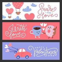 set van platte ontwerp Valentijnsdag wenskaarten en banners. schattige personages, auto en ballon. platte vectorillustratie. vector