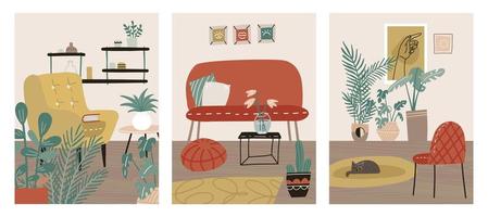 Scandinavische interieur kaarten set. hygge-kaart met scandi home-afbeelding. gezellige kamerposter met schattige meubels. trendy relax woonkamer in huis. platte vectorillustratie. vector