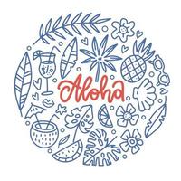 aloha tropisch paradijs sjabloon voor spandoek met belettering woord in ronde vorm van tropische eleents. Hawaiiaanse vakantie lineaire vectorillustratie. vector