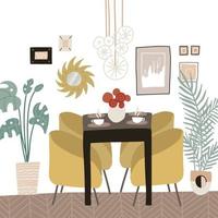 moderne eetkamer of keuken. Scandinavisch interieur met tafel en zachte stoelen. bureau met decoratieve vaas met bloemen. eenvoudige eethoek, decor, kamerplanten. platte vectorillustratie. vector