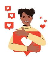 sociale netwerken, promotie, smm-concept. Afro-Amerikaans schattig bloggermeisje kreeg veel likes vector