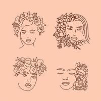 elegante vrouwengezichten in één lijn kunststijl met bloemen in haren. doorlopende lijntekeningen in minimalistische stijl voor prints, posters, kaarten. mooie vrouwelijke mode gezicht vector hand getekende illustratie