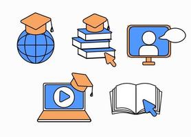 online onderwijs pictogrammen. notitieboekje, wereldbol, boek en afstudeerpet vector