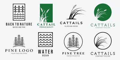 set bundel van cattails riet kreken dennenbos lijn kunst vintage vector logo, illustratie ontwerp van wildlife concept