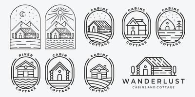 set bundel van cabine huisje lijntekeningen logo vector minimalistische illustratie ontwerp meer rivier oceaan golf zonsopgang bos pijnboom