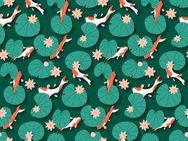 naadloze traditionele met patroon Koi karper vissen zwemmen in smaragdgroen water met roze lotus lelie bloemen, hand getekende vectorillustratie. cartoon vis zwemmen in de vijver van japanse oosterse tuin. bovenaanzicht vector