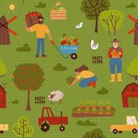 schattig boerderij naadloos patroon met tractoren, wortelen, hek, appelbomen en mensen. herhalende achtergrond voor kinderen. landbouwachtergrond voor inpakpapier, stof, kinderdecor. platte vectorillustratie. vector