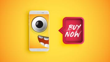 Hoog gedetailleerde gele emoticon op een smartphone met een rode toespraakbel, vectorillustratie vector