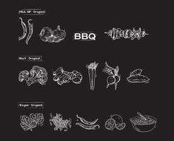 verschillende gezonde voeding en groenten in de hand getekende vectorillustratie op zwarte achtergrond vector