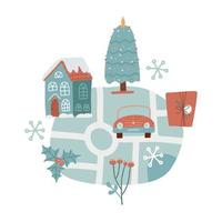 vakantie wenskaarten concept met kerstkaart met huis, cadeau, auto, dennenboom. gids voor de kerstmarkt. bewerkbare platte hand getekende vectorillustratie. vector