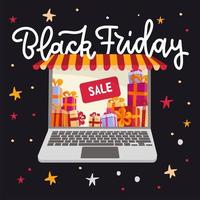 laptop met luifel - black friday banner concept met belettering tekst. geschenkdozen op het scherm. vector