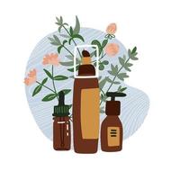 zorg cosmetische staande op de plank. parfum, tubes lotion, olie, crème, scrub, serum. het concept van biologische natuurlijke cosmetica. vlakke stijl vectorillustratie, groene bladeren, planten, tropische bladeren vector