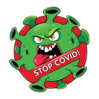 stop covid-banner. grappige cartoon coronavirus vector