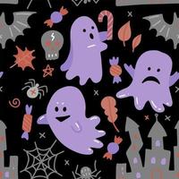 halloween donker naadloos patroon. platte vectorillustratie met spook, snoep en andere halloween-attributen. voor bedrukking, backdrop en textiel. vector