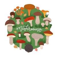 paddestoelen eetbare vegetarische paddestoelen poster cirkel samenstelling. cartoon champignon, boletus, bos cantharel patroon ronde concept op groen gras cirkel. vector platte hand getekende illustratie.