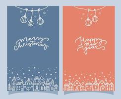 set van twee kerstkaarten met winterhuizen en hangende ballen. stad straat ornament achtergrond doodle hut. wit potlood of krijt zoals kinderen hand getekende vectorillustratie. vector