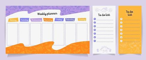 set planners en takenlijsten met schattige dino-illustraties en belettering. sjabloon voor agenda, planners, checklists en ander briefpapier. geïsoleerd. vector. lijn doodle briefpapier ontwerp vector