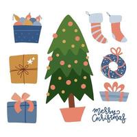 set kerstviering elementen - boom, geschenken, speelgoed, kousen, krans, decoraties. wintercollectie van gezellige huisvoorwerpen. handgetekende vakantieartikelen. platte vectorillustratie. vector