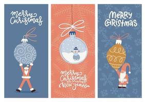 merry christmas wenskaart design collectie met pastel feestelijke vakantiescènes met kerstboom kerstballen en tekst op een achtergrond van sneeuwvlokken. platte vectorillustratie. verticale banners. vector