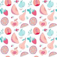 fruit en bessen thee naadloos patroon. achtergrondontwerp voor sap, thee, ijs, natuurlijke cosmetica, snoep, gebak gevuld met fruit, dessertmenu, gezondheidsproducten. vector doodle illustratie