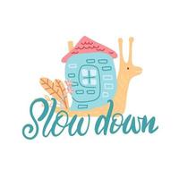 slak met zijn huis. hand getrokken doodle kinderachtig concept. handgetekende afbeelding voor typografie poster, kaart, label, flyer, pagina, banner, babykleding, kinderkamer. Scandinavische stijl. vector