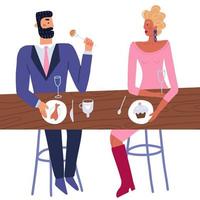 paar geniet samen van een romantische date in het restaurant. man in pak en vrouw in jurk zitten aan tafel en communiceren in café. vreugdevolle man en vrouw die liefde voelen. platte vectorillustratie. vector