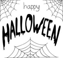 happy halloween belettering en spinnenweb hand getrokken doodle. kaart, uitnodiging tamplate. , scandinavisch, noords, minimalisme, zwart-wit. afdrukken, sticker, decor, poster. vector