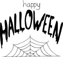 happy halloween belettering en spinnenweb hand getrokken doodle. , scandinavisch, noords, minimalisme, zwart-wit. afdrukken, sticker, decor, kaart, poster. vector