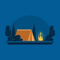 camping. nachtlandschap met een oranje tent in de buurt van vreugdevuur. banner voor zomerkamp, natuurtoerisme, kamperen, wandelen, trekking, enz. vectorillustratie in vlakke stijl. vector