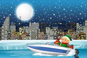 besneeuwde nacht met schattige elf die geschenken bezorgt per speedboot vector