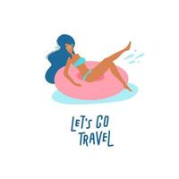 mooi meisje op zwemring. vrouwen ontspannen in een zwembad of zee met rusten op opblaasbare roze donutmatras. laten we gaan reizen belettering tekst. vector platte cartoon afbeelding