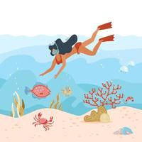 vrouw onderwater duiker. zomer activiteit. jong meisje met snorkelmasker verkent het diepzeeleven, duikt met tropische vissen en koraalrif. reis levensstijl. platte vectorillustratie vector